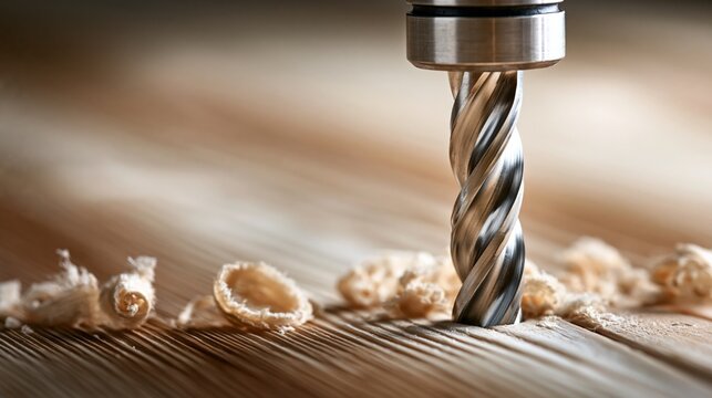 A detailed close-up of a drill bit cutting through wood, showcasing precision in craftsmanship.