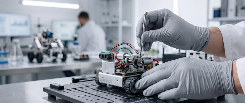 Robotic vehicle prototype being assembled by gloved technician in high-tech research laboratory