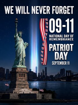 Statue of liberty with tribute lights for september 11 patriot day remembrance