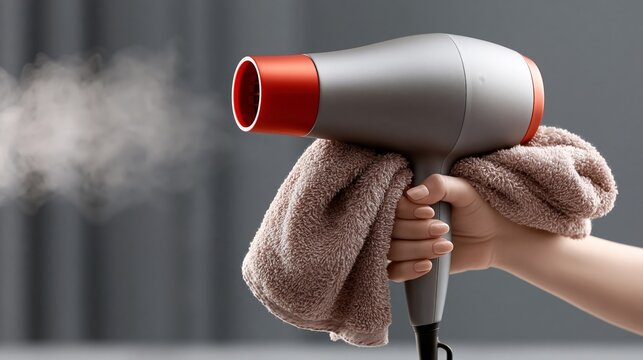 A modern hair dryer emits steam while held with a towel for styling and grooming.