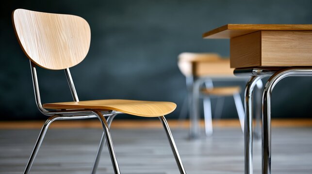 A modern wooden chair and table in a minimalist classroom environment.