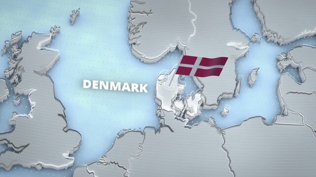 A 3d animated map highlights Denmark, Northern Europe, featuring a waving national flag, glowing borders, and bold typography for a corporate presentation backdrop.
