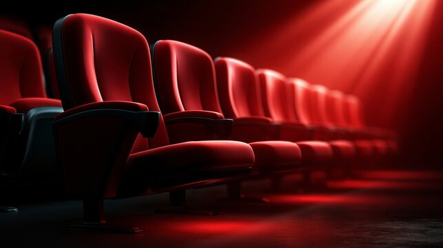 A row of red theater seats illuminated by dramatic lighting, creating an inviting atmosphere.