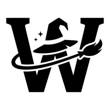Letter w halloween witch hat magic broomstick black silhouette icon vector