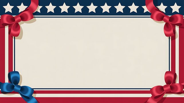 Patriotic American frame featuring stars and stripes border with red, white and blue ribbons and a large center for copy. Ideal for Independence Day, elections, military events, invitations, and etc 