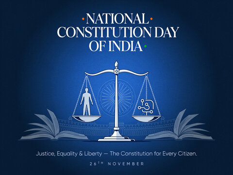 National Constitution Day of India greeting banner with balance scale weighing citizen rights and technology on blue background vector