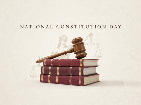 National Constitution Day greeting banner with wooden judge gavel on stack of law books and Lady Justice statue outline vector