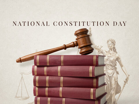 National Constitution Day greeting banner with wooden judge gavel on stack of law books and Lady Justice statue outline vector