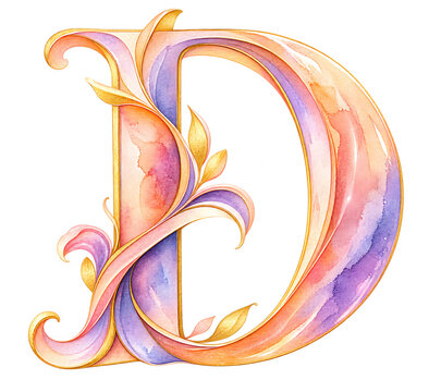 Watercolor floral letter D monogram with gold leaves