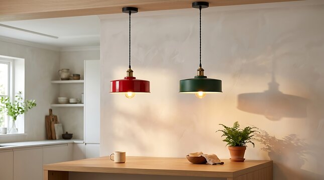 Two modern pendant lamps hanging above a wooden kitchen table with a plant in a bright cozy home interior room setting