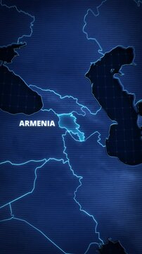 Vertical map animation highlighting Armenia, Caucasus Region with a glowing blue border, designed as a mobile presentation-style graphic template.