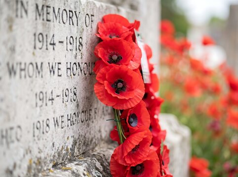 Remembrance day poppy wreath placed on an old world war memorial stone