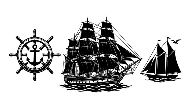 Set of black silhouette nautical elements including ship wheel anchor and vintage sailing vessels vector illustration