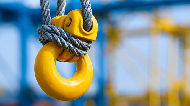 Close-up of a bright yellow hook and rope, showcasing industrial lifting equipment.