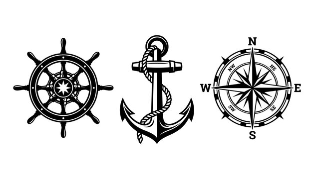 Set of detailed black and white nautical icons featuring ship wheel anchor and wind rose compass vector illustration