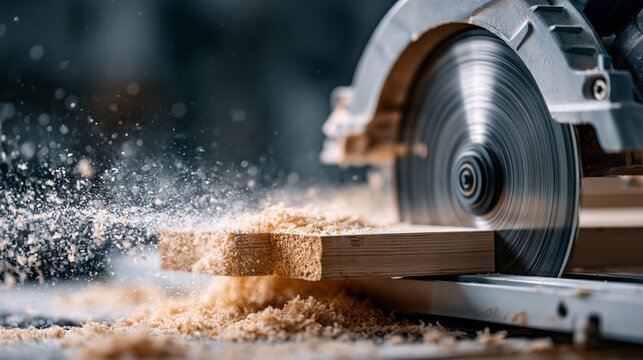 Close-up of a circular saw cutting through wood, creating sawdust and sparks.