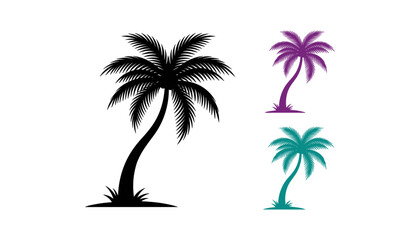 Fototapeta premium Set of curved palm tree silhouettes in black purple and teal colors vector illustration