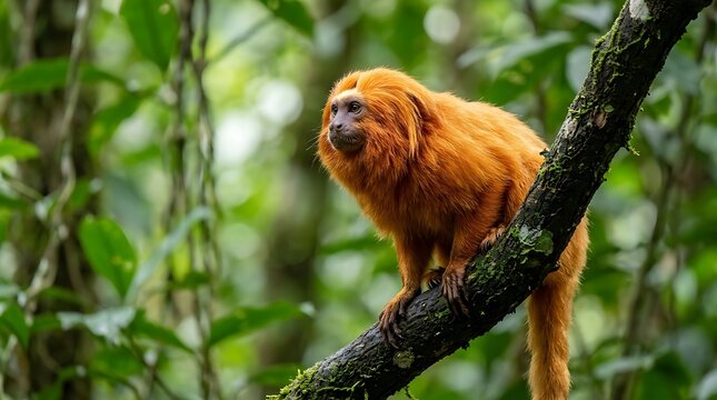 A cute golden lion tamarin monkey sitting on a tree branch in the middle of a lush green tropical rainforest jungle