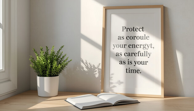 Picture frame with inspirational text stands on a wooden desk next to a potted green plant and an open book in sunlight.