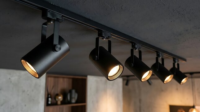 Modern black track lighting system with multiple spotlights glowing on a dark ceiling in a stylish home interior room
