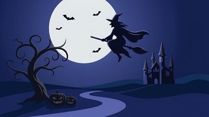 Fototapeta premium Halloween witch flying on broomstick full moon and castle silhouette