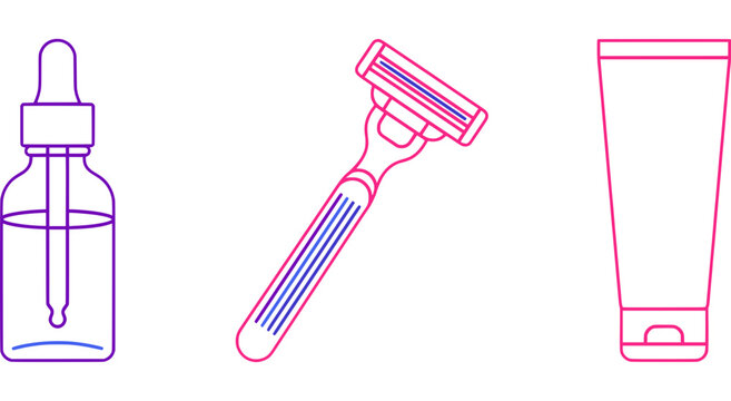 Technical illustration of a shaving razor and aftershave bottle in a line art style