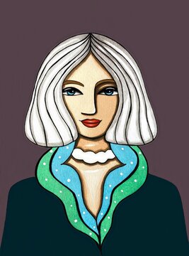 Stylized fashion woman portrait with white bob haircut, colorful green and blue collar, dark elegant background, hand drawn vintage character illustration for editorial, branding and design