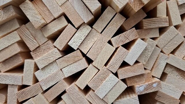Small rectangular wooden blocks stacked together, natural lumber material, carpentry supplies, construction, woodworking, and handcrafted design.