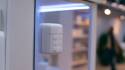 Naklejka premium A white security keypad mounted on a glass surface inside a modern interior space illuminated by blue lighting