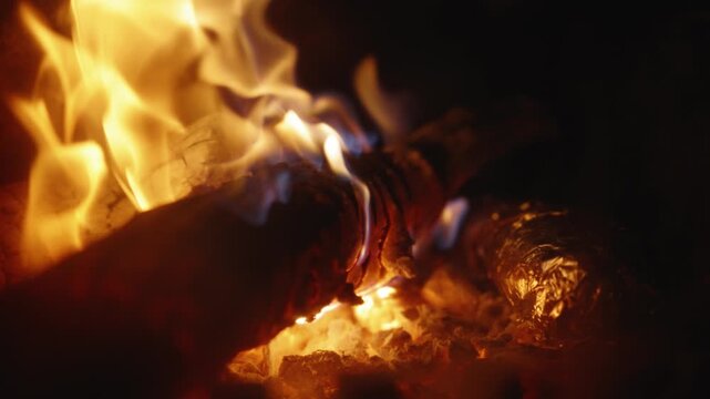 Slow Motion Close-up of Burning Firewood and Embers in a Stove