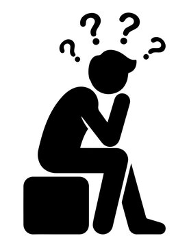 Sitting person thinking thoughtfully with multiple question marks icon graphic thinking question silhouette solution