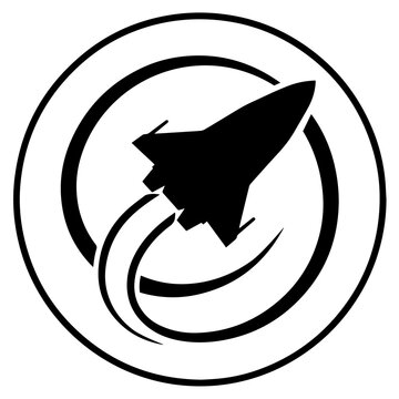 Minimalist black silhouette icon of a rocket launching inside a circle outline with spaceship silhouette isolated astronomy
