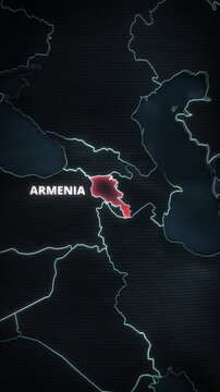 Animated stylized map of Armenia, Caucasus region featuring a glowing red alert highlight, cyan borders, and typography for mobile format presentations.
