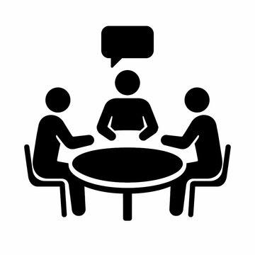 Three People Round Table Group Discussion with Speech Bubble Black Flat Vector Meeting Icon Isolated on White Background