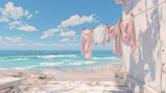 Aesthetic, painterly coastal scene with pastel toned linens hanging on a clothesline against a bright turquoise ocean and blue sky with soft clouds.
