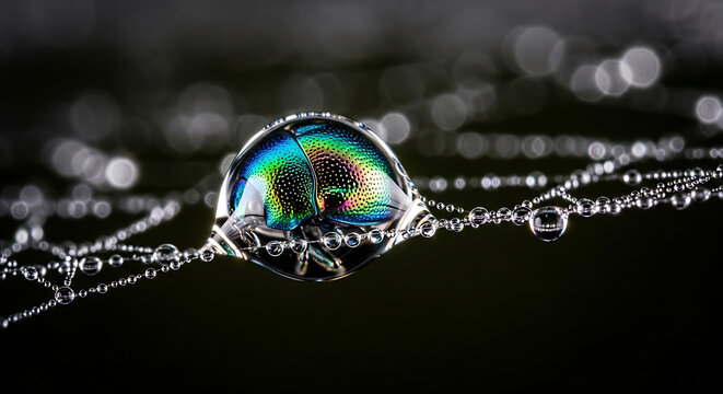 Extreme macro of a single rainbow iridescent water drop on a spider web