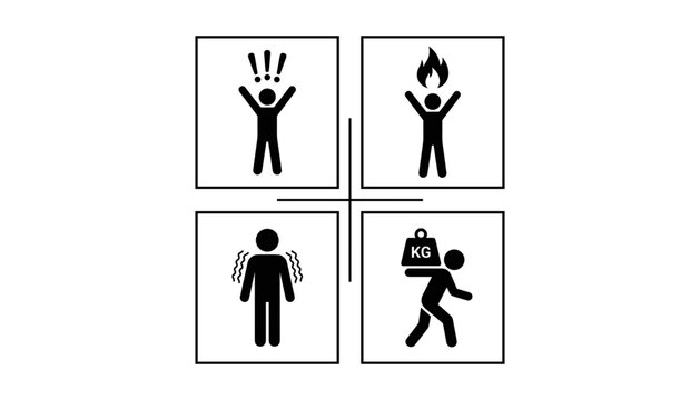 Workplace health and safety hazards pictograms showing panic fire exposure cold shivering and heavy lifting vector silhouette icons