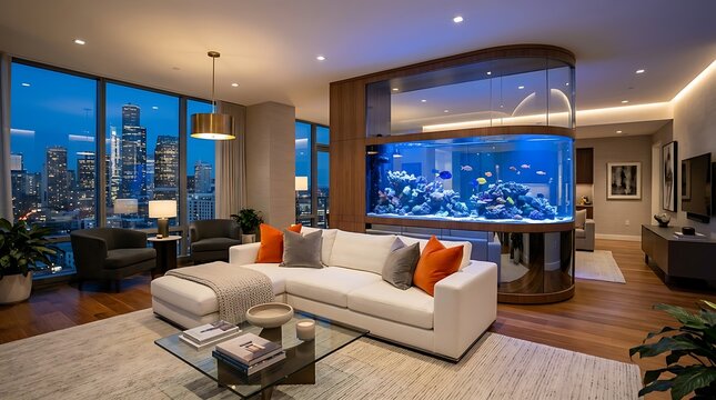 Modern luxury living room interior with a large glowing fish tank and a beautiful city skyline view at night