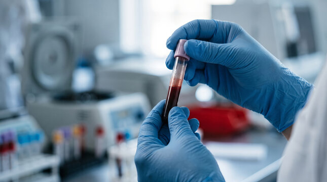 Scientist holding blood sample in lab