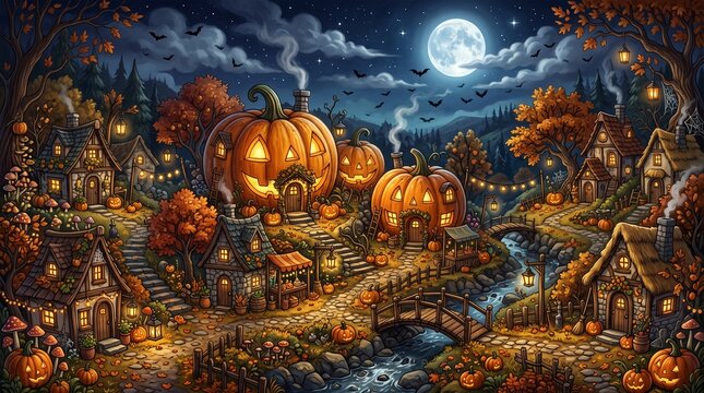A magical and enchanting halloween village scene featuring glowing giant pumpkin houses under a bright full moon in a dark night sky