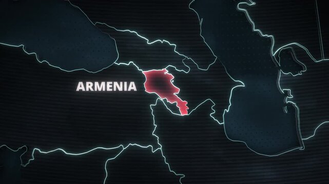 Animated stylized map of Armenia, Caucasus region featuring a glowing red alert highlight, cyan borders, and typography for a presentation background.
