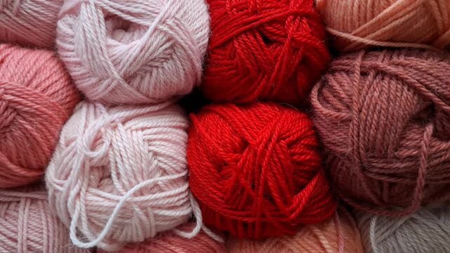 Many colorful wool yarn balls lie stacked together in a craft store. knitting hobby, needlework supply, textile materials background.