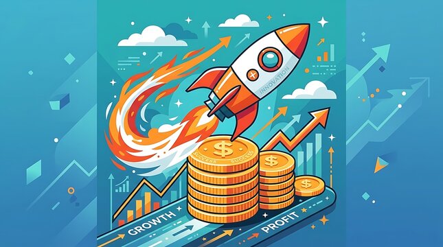 A rocket ship taking off from a stack of gold coins representing business growth profit and financial success concept