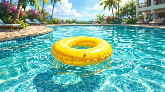 Bright yellow inflatable swimming ring floating in a clear blue luxury resort pool on a sunny summer day in paradise