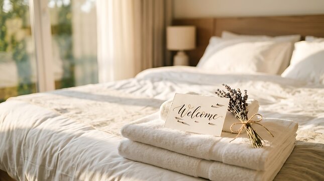 Hotel room bed with folded white towels and welcome note on pillow hospitality interior sunlight