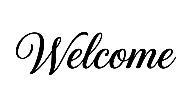 Cursive welcome script typography logo in black on white background with typography, background