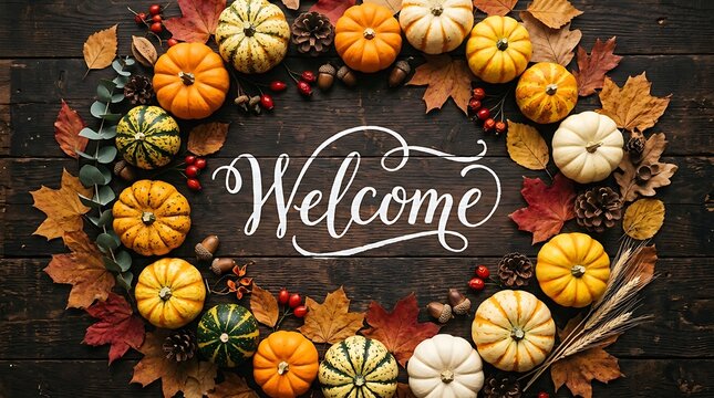 Autumn pumpkin wreath on dark wooden background with welcome text background vegetable seasonal