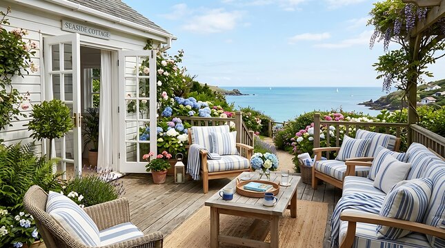 Beautiful wooden terrace with comfortable outdoor furniture overlooking the blue ocean on a sunny summer day