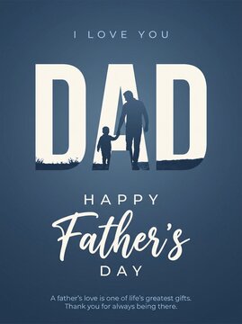 Happy Father's Day card with silhouette and I love you Dad message on dark blue background