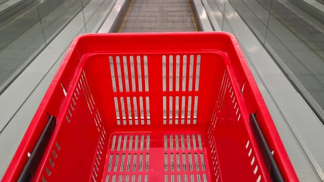Red shopping basket moves on a walkway escalator in a supermarket. grocery shopping, retail store display, consumer lifestyle choice.